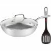 Neu 😀 Tefal WOK Edelstahl Pfanne Mit Glasdeckel °28cm Kratzfest ETERNAL MESH E49716 + Ingenio Pfannenwender 🧨