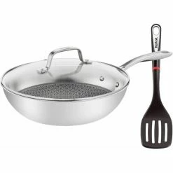 Neu 😀 Tefal WOK Edelstahl Pfanne Mit Glasdeckel °28cm Kratzfest ETERNAL MESH E49716 + Ingenio Pfannenwender 🧨
