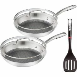 Brandneu 🥰 Tefal Pfannenset Edelstahl ETERNAL MESH °24cm/°28cm + 2 X Jamie Oliver Gravur Glasdeckel + Ingenio Pfannenwender 👍